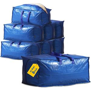 Extra Large Moving Bags - 8-Pack Heavy Duty Storage Duffel - Sturdy Backpack Straps Handles, Zippers - Reusable Moving Storage Bags for Clothes - Folding Collapsible Storage Tote Bag Set  Blue