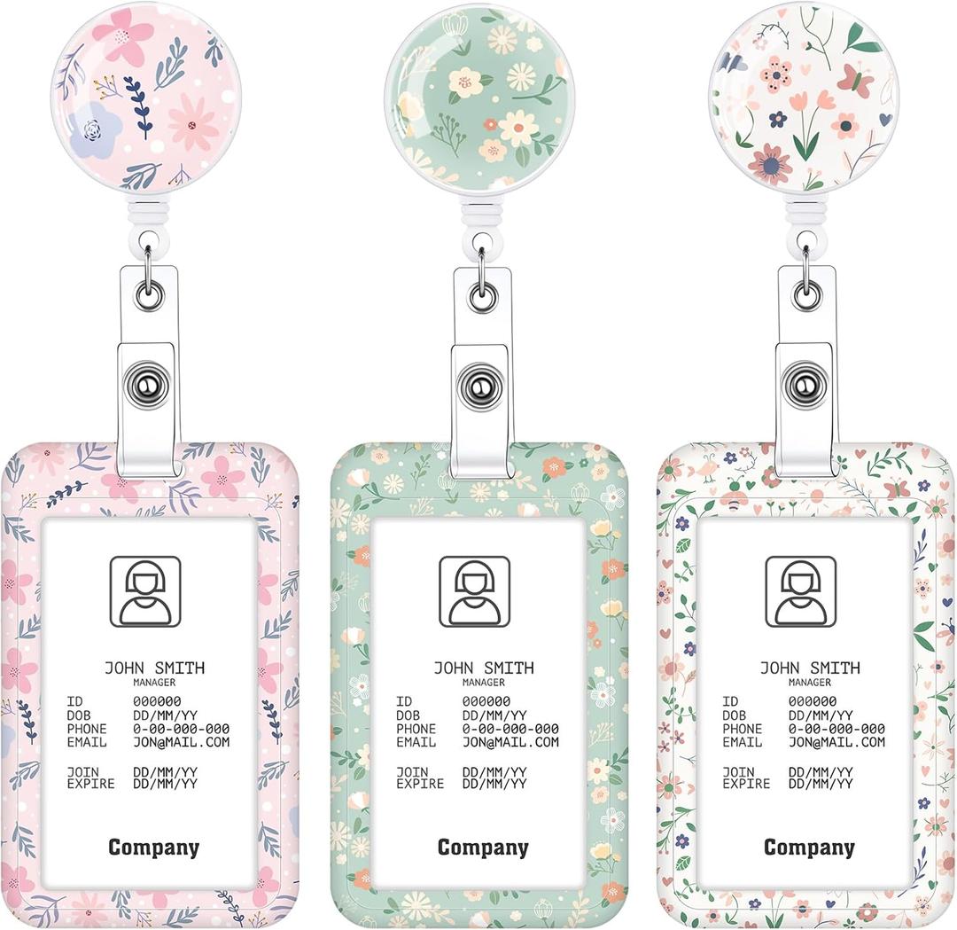 3 Set Floral Pattern ID Badge Holder with Retractable Reel, Retractable ID Badge Holders with Clip Name Badge Holders for Teacher Nurse Doctor Student Office Workers