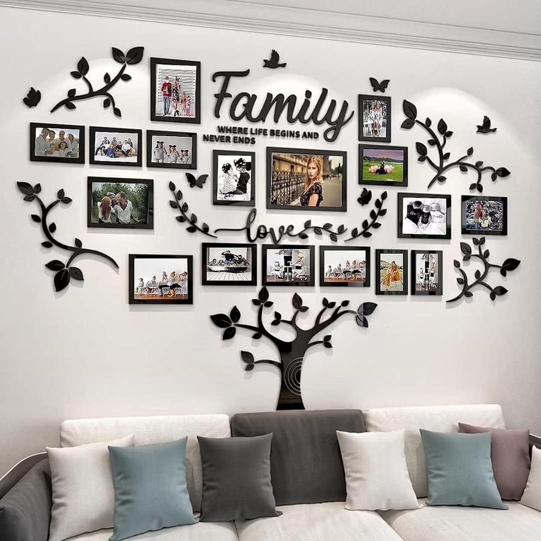 hejiagongsi Picture Frames Collage Wall Decor - Family Tree Wall Decor for Living Room 4x6 5x7 8x10 11x14 3D DIY-Acrylic Family Wall Decor Photo Collage Frame for Wall (Large, Black)