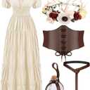 Renaissance Costume Women Medieval Fairy Dress, Corset Elf Ears Garland Belt Potion Bottles Peasant Halloween (XX-Large, Beige)