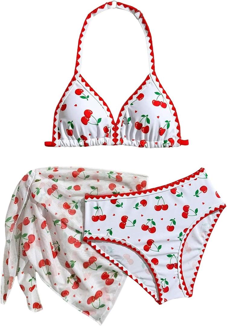 Verdusa Girl's 3 Piece Bikini Sets Cherry Halter Cute Swimsuits with Cover Up Skirt White 8 Years