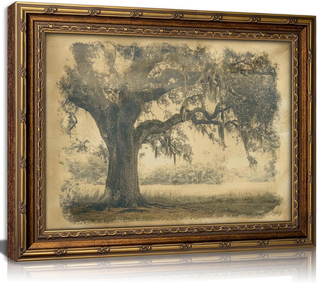 Vintage Gold Framed Tree Wall Art, Antique Oak Tree Forest Landscape Canvas Print, Sepia Cottagecore Picture Wall Decor, Rustic Farmhouse Poster Artwork for Living Room Bedroom