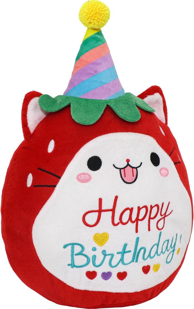 Strawberry Cat Plush Stuffed Animal Red Cat Plush Wear Birthday Hat Kawaii Stuffed Toys Soft Home Plushie Decoration Gifts for Boys Girls