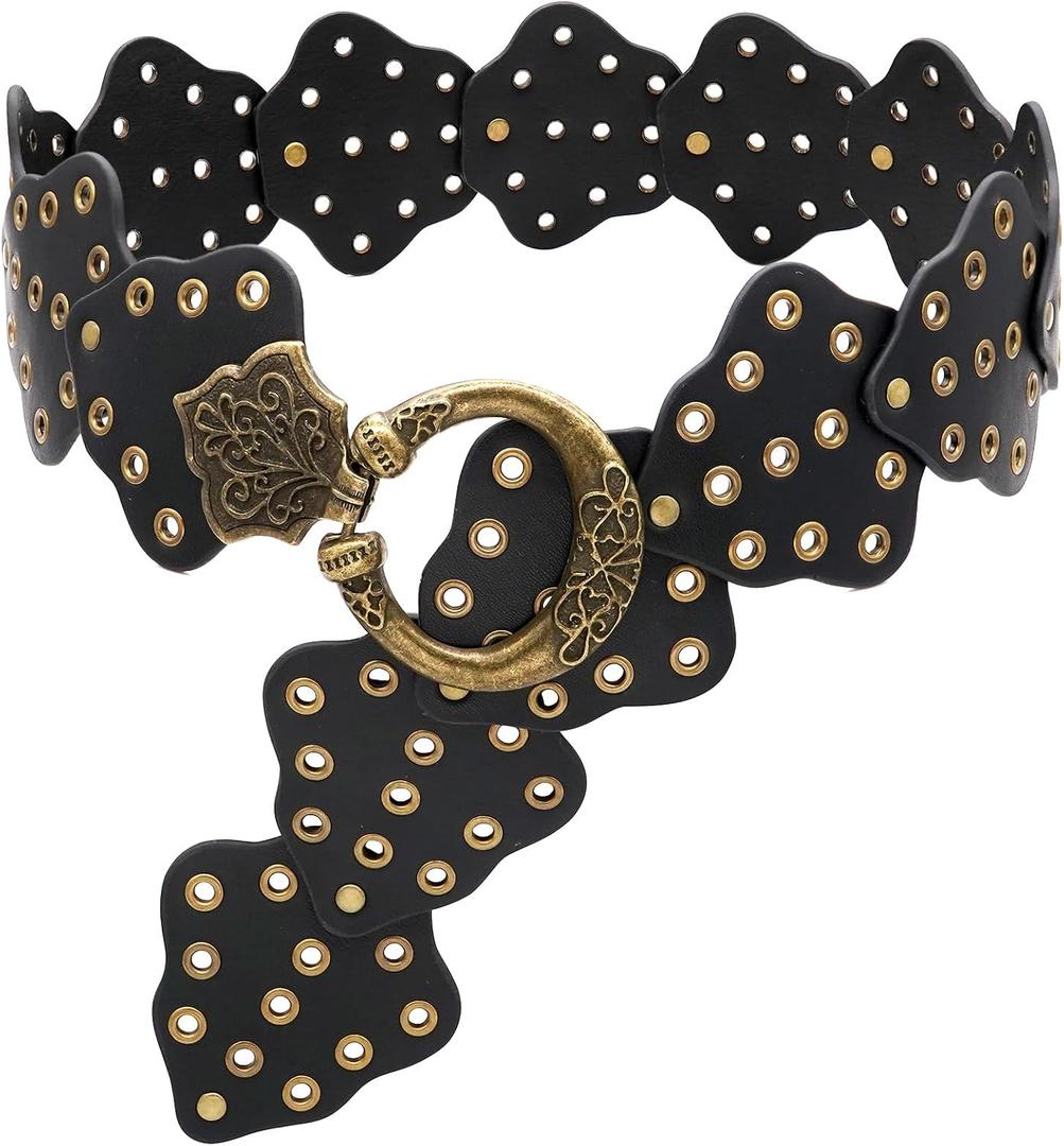 Wide Disc Belt for Women Vintage Hollow Boho Leather Belt Western Chunky Waist Belt Cowboy Metal Buckle Concho Belts (Black)