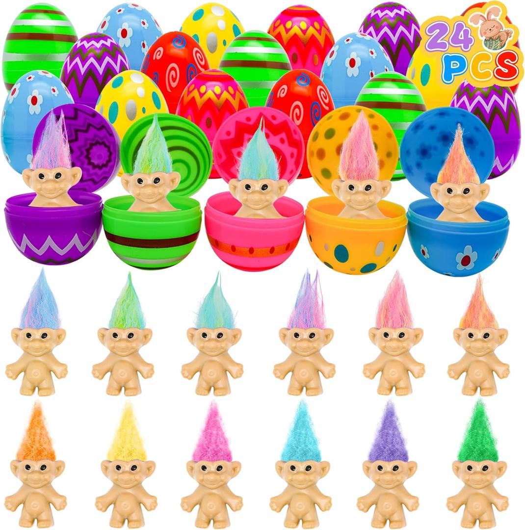 24 Pack Prefilled Easter Eggs with Toys Inside Mini Vintage Lucky Dolls Figurines Fillers Toys for Kids Easter Basket Stuffers for Boy Girl School Classroom Prizes gifts Egg Hunt Supplies Party Favors