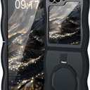 [Magnetic Stand & Wave Frame] Case for Samsung Galaxy Z Flip 6 Not Yellowing Translucent Z Flip 6/5 Phone Ring Cover for Women Men 7.6" Black