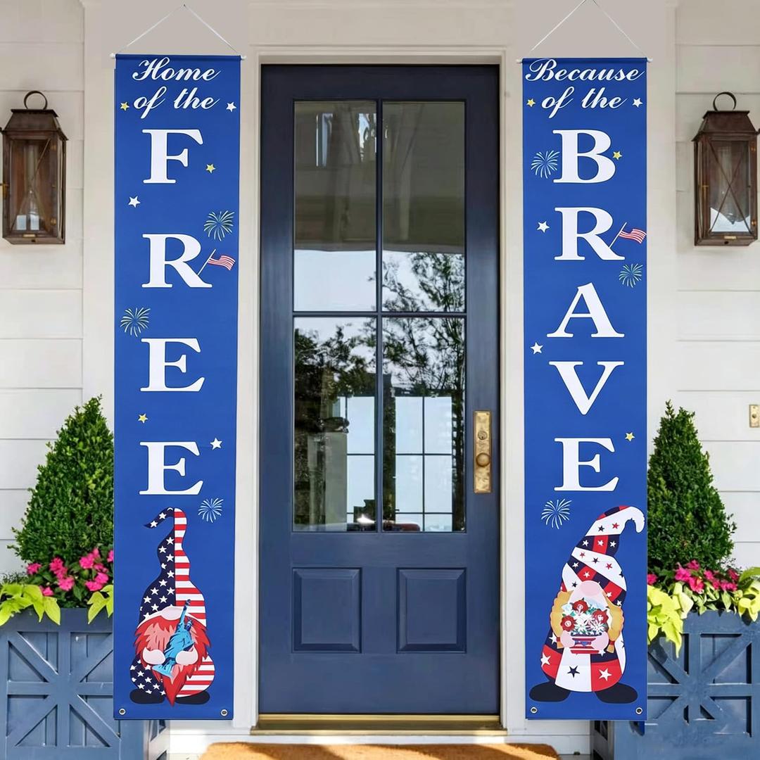 4th of July Patriotic Door Banner Set, "Home of The Free Because of The Brave" Gnomes Porch Signs, Memorial Day Door Curtains for Front Door, 4th of July Independence Day Decorations, Indoor/Outdoor Hanging Decor