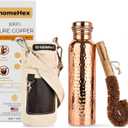 Pure Copper Water Bottle, Hammered Design, 34oz Capacity, Leak-Proof, with Carrying Bag, Straw, Cleaning Brushes for Ayurvedic Health, Hydration, Yoga, Office, Travel