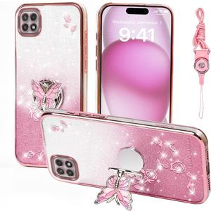 for Samsung Galaxy A22 5G (Not Fit A22 4G) Phone Case,for Mobile Phone Case for Women and Girl, Glitter Butterfly Floral TPU Protective Cover with Kickstand+Strap for Samsung A22 5G (Pink)