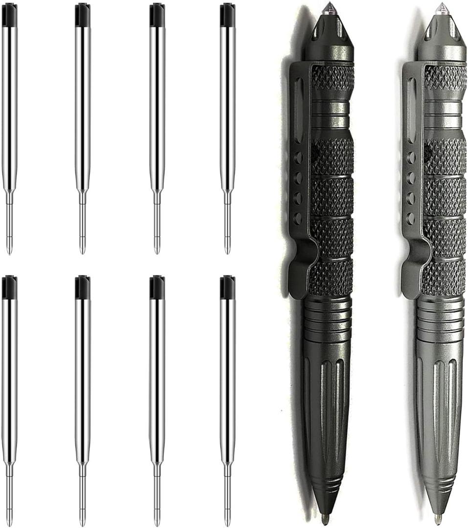 Origin-Joy 2 Pack Tungsten Steel Military Tactical Pen Set, Multifunctional EDC Self Defense Pen With 8 Ballpoint Refills (Black & Gray)