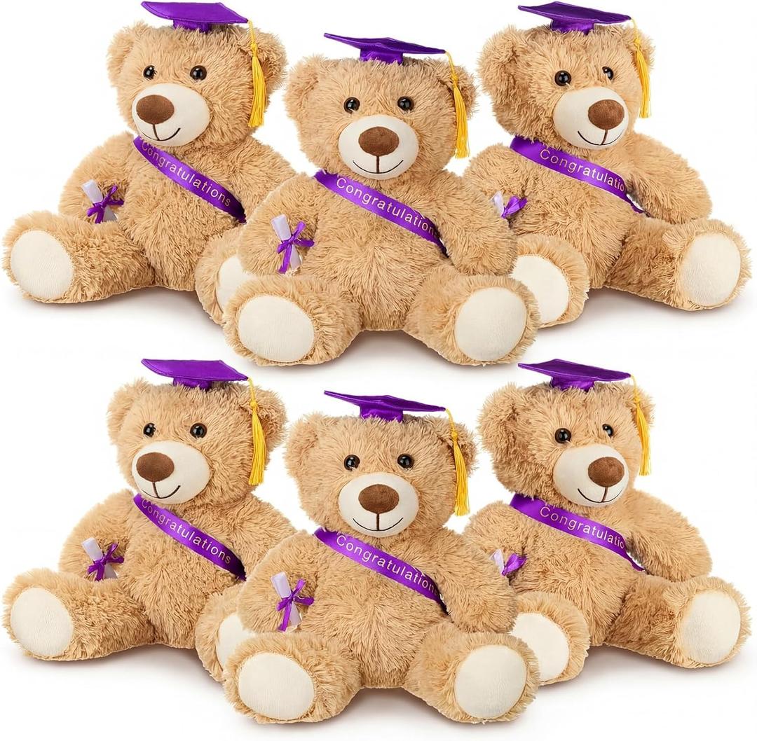 Aoriher 6 Pcs Class of 2026 Gifts Graduation Teddy Bears, 14 Inch Khaki Cute Soft Plush Stuffed Bears Animals with Cap, Diploma, Congratulations Sash, End of Year Gift for Kids Girl Boy Adult(Purple)