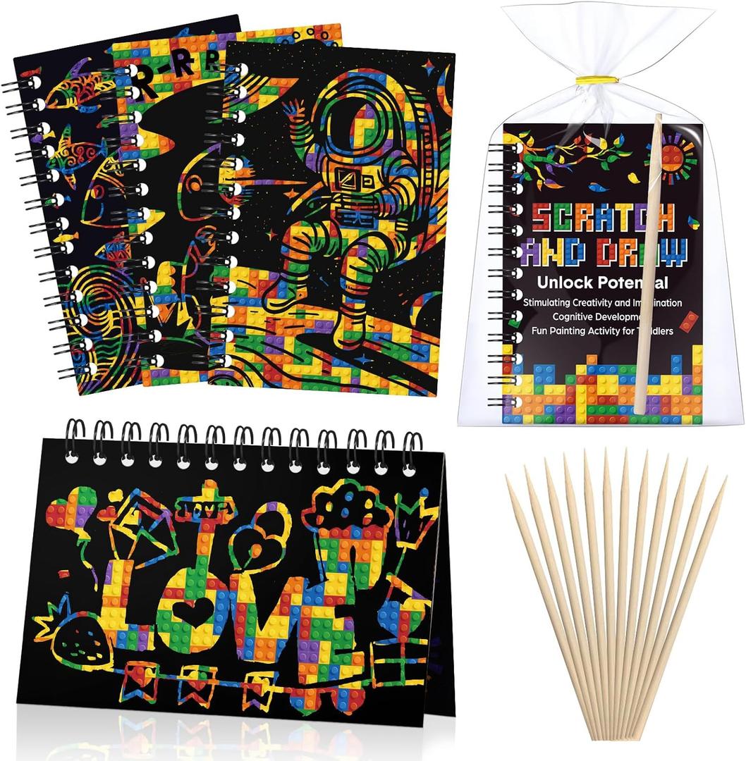 Pasimy 24 Set Scratch Art Party Favor Gifts Building Block Scratch Notebook Bulk Paper Craft for Classroom Prizes Goodie Bag Stuffer Christmas Birthday Party Favor