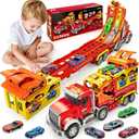 Truck Car Toys for 3, 4, 5, 6, 7, 8 Years Old Kids, Carrier Truck Race Track Toys, Foldable Transport Car Toys with Foldable Race Tracks and 6 Metal Cars, Birthday Gifts for Toddler Boys Girls (Red)