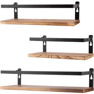 Floating Shelves Rustic Wood Wall Mounted Shelf Practical Metal Fence Design Ideal for Bedroom, Bathroom, Kitchen Set Of 3 (Carbonized Black)