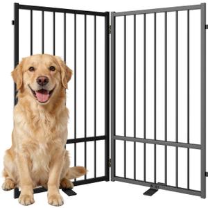 SNUOWU Full Metal Freestanding Dog Gate with Door, 36''Height Foldable Pet Dog Fence for Indoor & Outdoor, 2 Panels Extra Wide Free Standing TallDog Gates for Doorways,House,Stairs,Porch,Deck,Yard (Black)