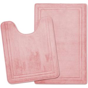 Pink Bathroom Rug Set of 2 Memory Foam Bath Mat and U-Shaped Contour Toilet Rug Non Slip Washable Floor Mats Soft Absorbent Plush Microfiber Shower Tub Bathrug Blush,32"x20"+24"x20"