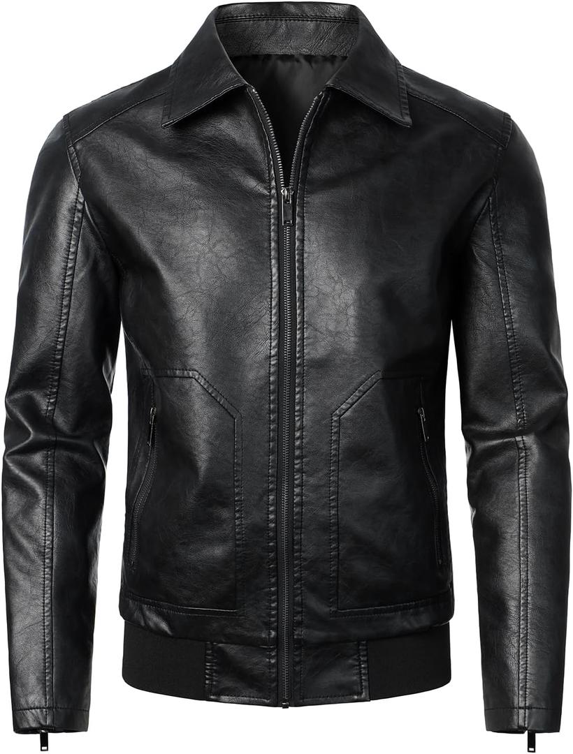HOOD CREW Mens Faux Leather Bomber Jacket Classic Style Motorcycle Jackets (XX-Large, Black)