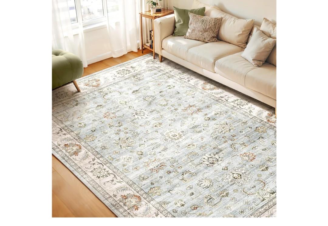WITSHOCK 8x10 Area Rugs for Living Room: Machine Washable Non Slip Vintage Carpet - Low Pile Lightweight Print Rug for Bedroom Dining Room Kitchen Table - Stain Resistant for Household (Light Blue)