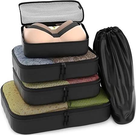 Compression Packing Cubes, 9 Set Packing Cubes for Travel Compression, Lightweight Compressible Package Organizer for Carry On and Suitcases, Black
