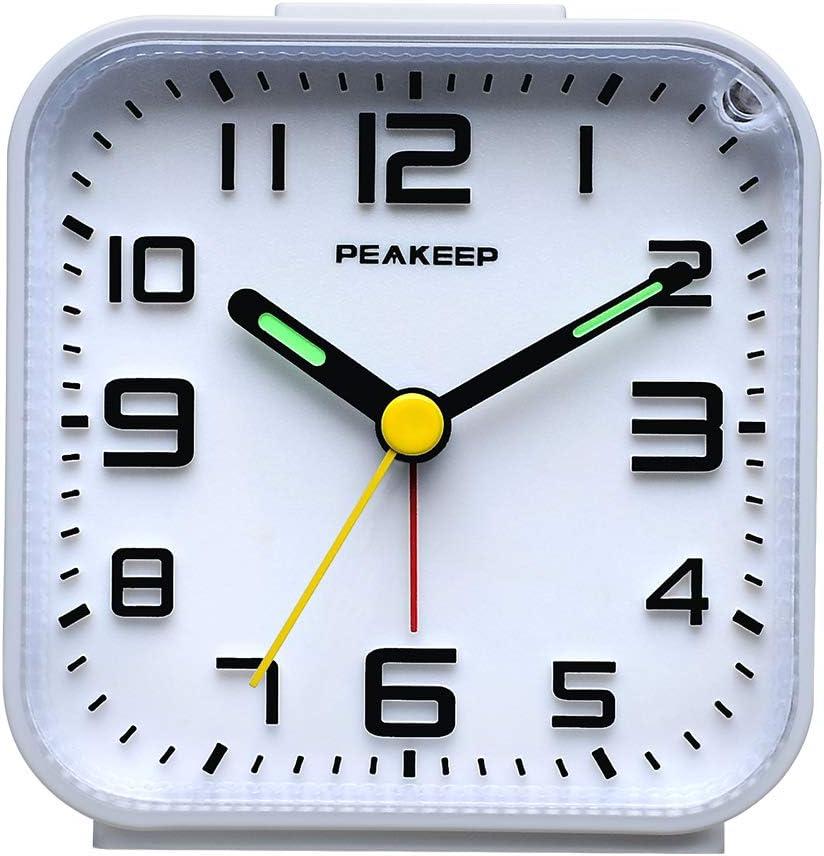 Peakeep 3D Numbers No Tick-Tock Analog Alarm Clock with Classic Beep Sound, Snooze, Manual Light and Battery Powered Small for Travel (White-3D)