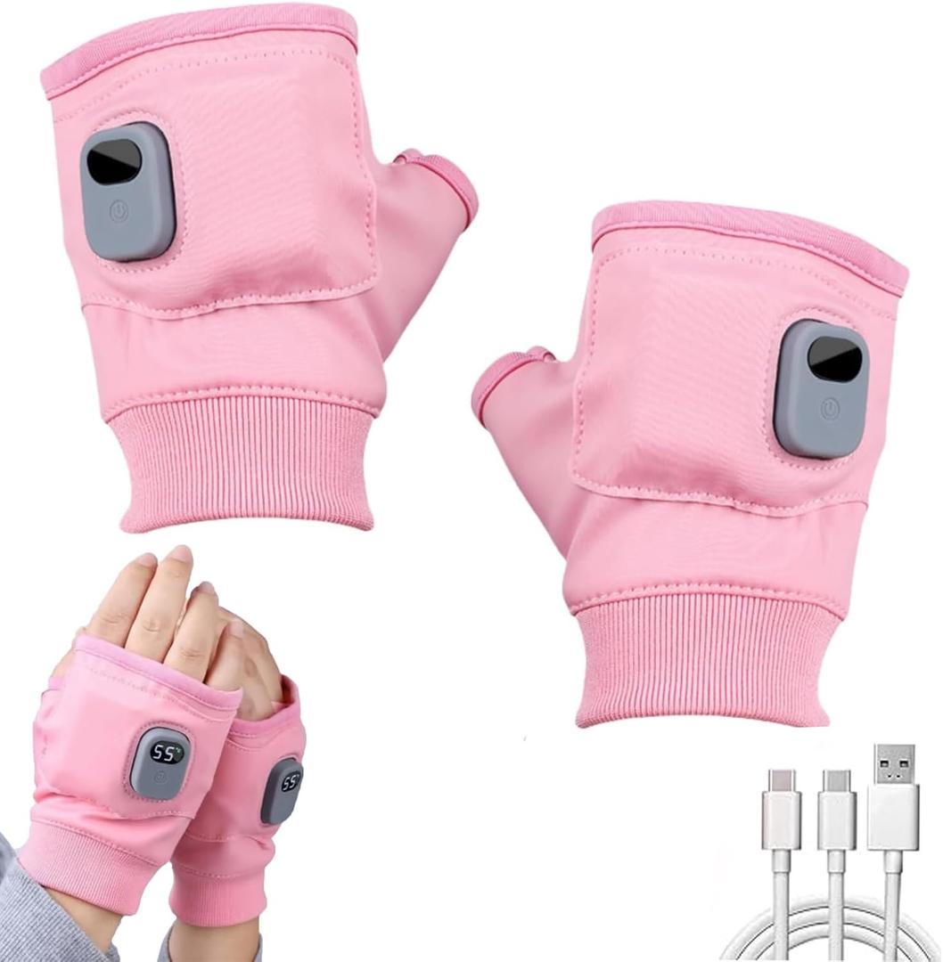 Smart Thermostatic Heated Fingerless Gloves, Heated Gloves, Portable Heating Gloves with Digital Display, Rechargeable, 1800mAh Battery, 45-55C Three Heating Levels, Heating Glove for Women Men (Pink)