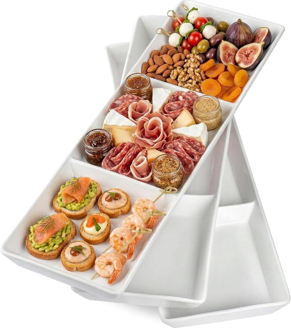 DELLING 16x5 Inch Ceramic 3-Section Serving Tray Set of 3, Stackable Divided Serving Platter - White Porcelain Appetizer Tray for Snack Food Dessert, Dishwasher Safe
