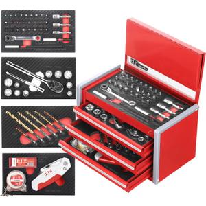 P.I.T. Portable 3 Drawer Steel Tool Box with 61-Pieces Mechanics Tool Set,Magnetic Locking, Red Hand Carry Tool Cases for Hand Tools Repair Tool Kit