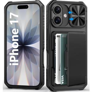 BXYJY for iPhone 17 Case Wallet, Card Holder (4-5 Cards), Slide Camera Cover, Military Drop Protection, Rugged Heavy Duty Men Women Shockproof Protective Phone Case for iPhone 17 6.3" 2025, Black