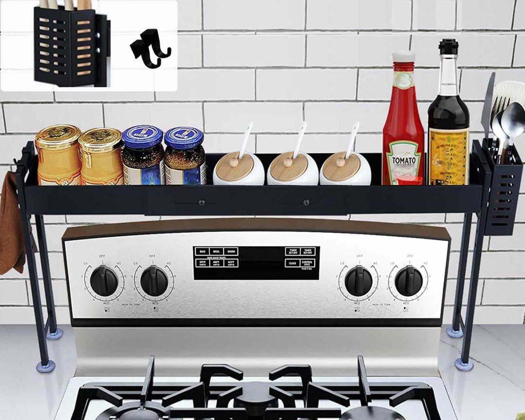 Horynar Over Stove Spice Shelf for Kitchen Spice Rack Organizer with Extra Black Basket and Hooks Great for Stove Top Shelf