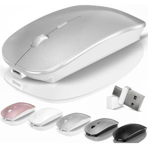 Wireless Bluetooth Mouse for Mac Air MacBook Pro Laptop PC Pad Optical Rechargeable Silent Mouse with Jiggler Mode Dual Mode Switch Bluetooth 5.2/3.0 and 2.4G USB-A & USB-C Receiver Silvery
