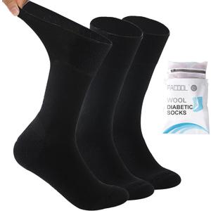 Facool Diabetic Socks for Men Women, Merino Wool Non-Binding Top Crew Socks with Cushion Sole, Seamless Toe 3 Pairs (X-Large, Black X 3)