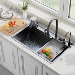 29.5 Inch Waterfall Kitchen Sink with Faucet, Black Stainless Steel Workstation Sink Combo with Cup Washer, Digital Display, Cutting Board and Drain Set, Single Bowl Drop In Kitchen Sink