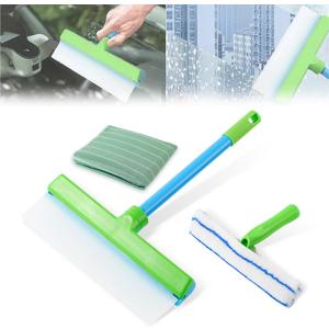 Window Cleaning Kit, Window Squeegee, Recyclable Silicone Window Squeegee Kit, 3 in 1 Glass Cleaning Tool with Rotatable Rubber Microfiber Scrubber (1 Set)