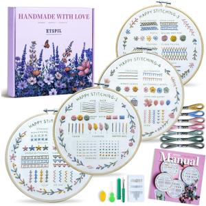 ETSPIL 4 Pack Embroidery Kit for Adult Beginners  Learn 33 Stitches with Wreath and Plant Patterns, Stamped Patterns,Embroidery Hoop, ThreadsTools,Step by Step Instructions & Video Tutorial (wreath 4)