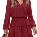 Caracilia Long Sleeve Dress for Women Fall 2025 Casual V Neck High Waist Tiered Ruffle Aline Swing Tunic Short Mini Dresses, Large