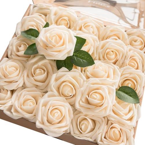 Ling's moment Artificial Flowers 15Pcs Cream Roses Decor w/Stems,3" Real Touch DIY Foam Floral for Wedding Bouquet/Centerpieces, Outdoors Party Backdrop, Room/Table, and Garden/Pot Decorations