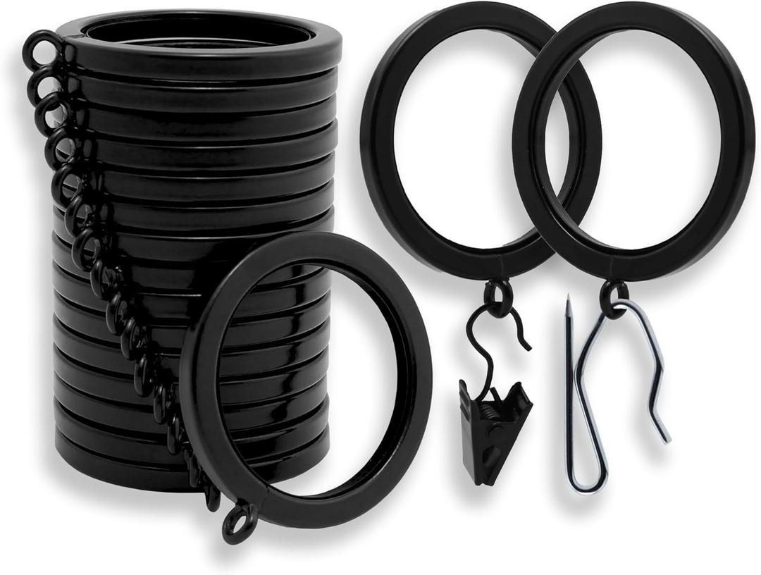 BlastHome Luxury Curtain Rings  Premium Metal with Quiet, Smooth, Removable Nylon Inserts  Pinhooks and Clips Included  1 1/2" Inside Diameter  18 Rings for Two Standard Curtains  Tuxedo Black