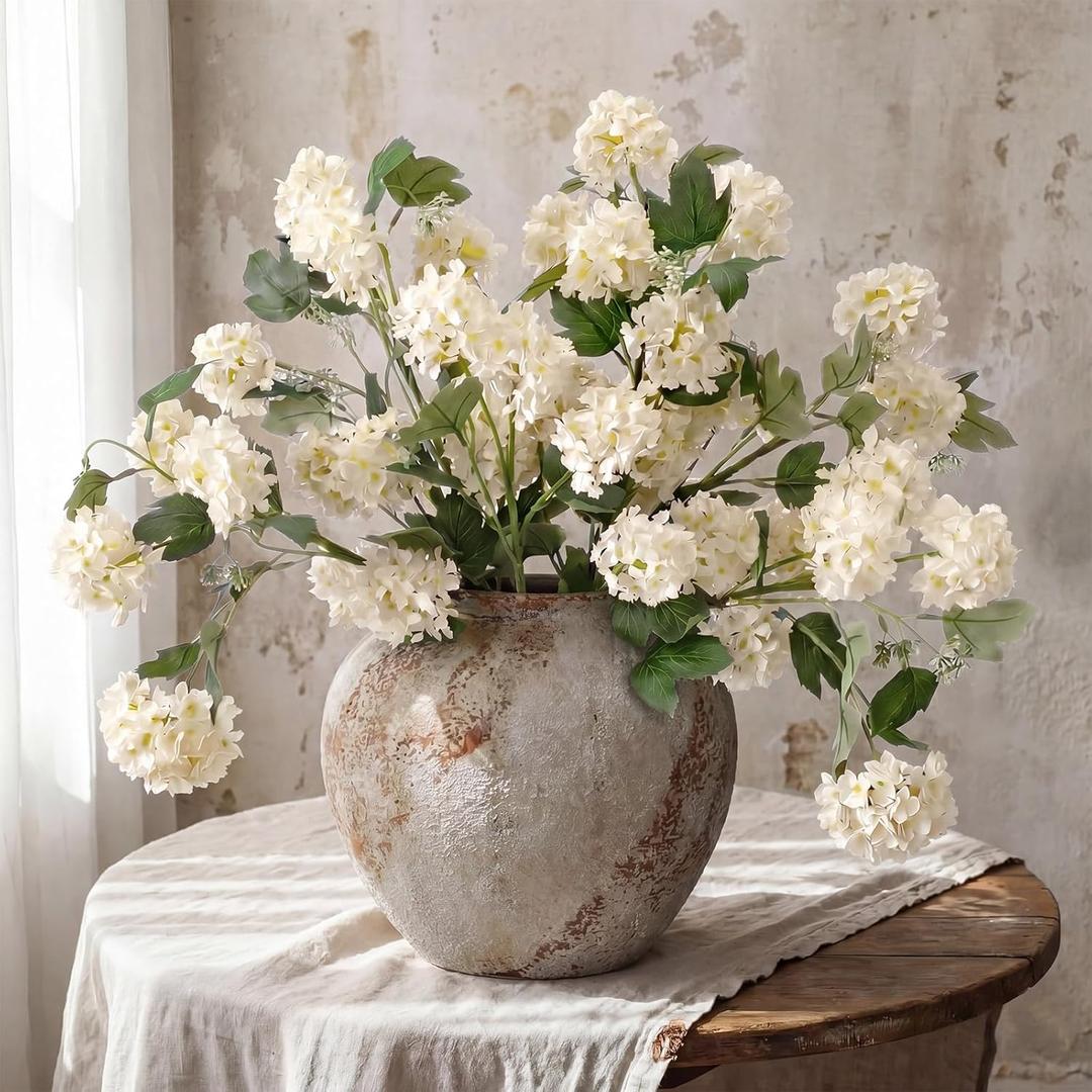 Kajaia 4 Pcs Artificial Snowball Hydrangea Branches 30 Inch Faux Snowball Viburnum Stems, 5 Head Silk Hydrangea Blooms Branch for Vase DIY Table Centerpiece, Farmhouse Home Wedding Decor(Cream White)