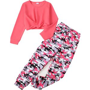 Girls 2 Piece Outfits Long Sleeve Twist Front Shirts and Camo Pants Sets for Fall Winter Sweatsuits Size 5-14Y (9-10 Years)