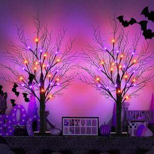 [Timer] 2 Pack Halloween Decorations Indoor, 24 Inch Halloween Tree with 24 Orange & Purple Lights, USB & Battery Operated Black Spooky Tree Halloween Table Decorations Indoor Home Party Decor Room