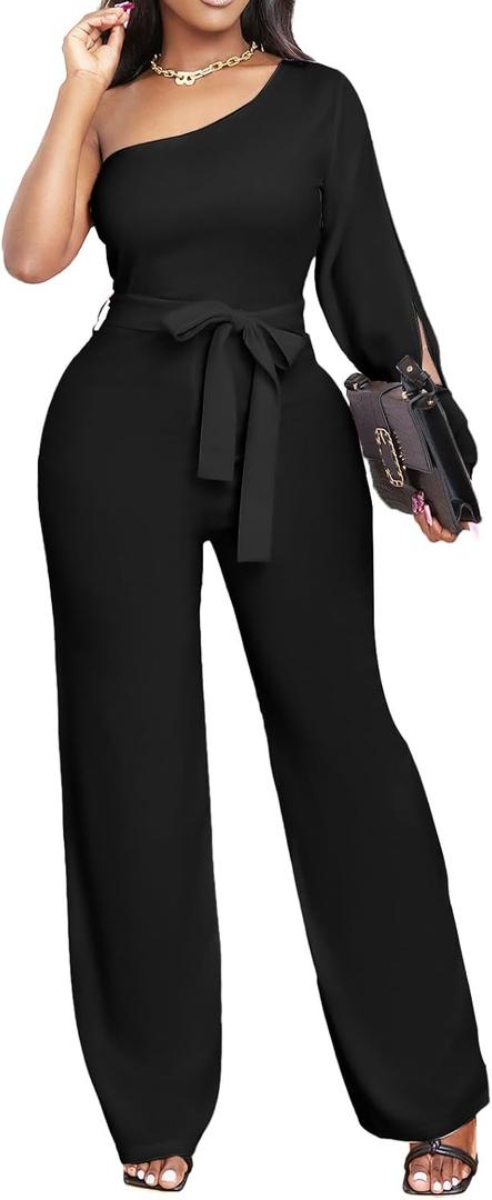 sexycherry Formal Jumpsuit for Women Dressy Elegant Long Straight Pants Jumpsuits for Party Club with Zipper (X-Large, Dark Black)
