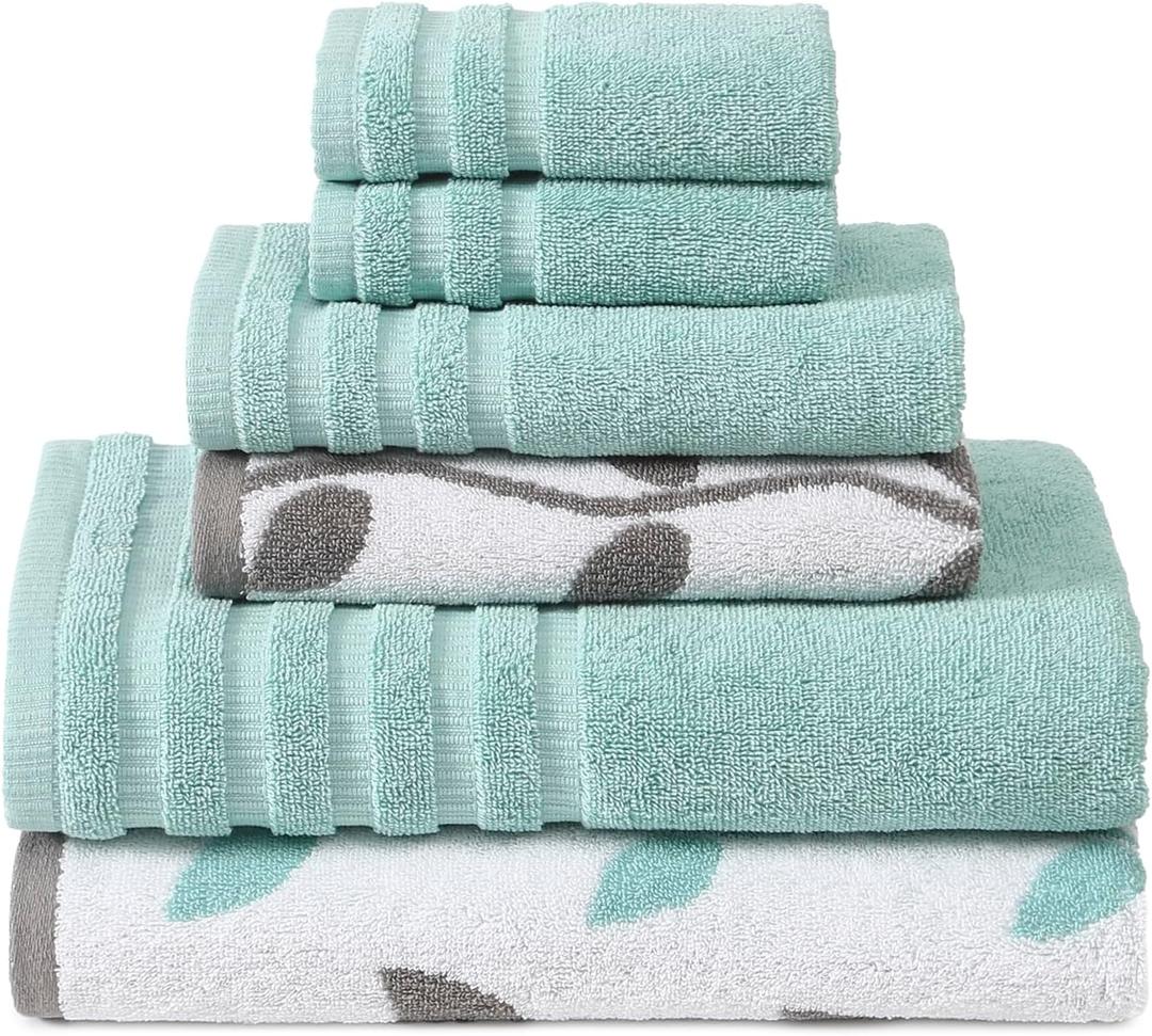 Modern Threads Organic Vines 6-Piece 100% Cotton Towel Set  Yarn Dyed Jacquard & Solid  Includes 2 Bath Towels, 2 Hand Towels, 2 Washcloths  Absorbent, Quick Dry, Soft & Durable  Aqua