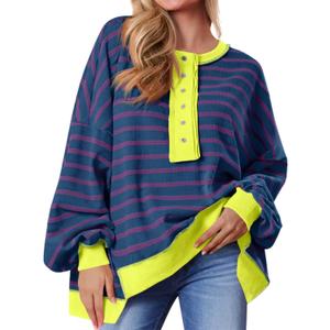 Tankaneo Womens Oversized Striped Sweatshirts Henley Shirts Color Block Casual Pullover Waffle Knit Tops (XX-Large, Navy)
