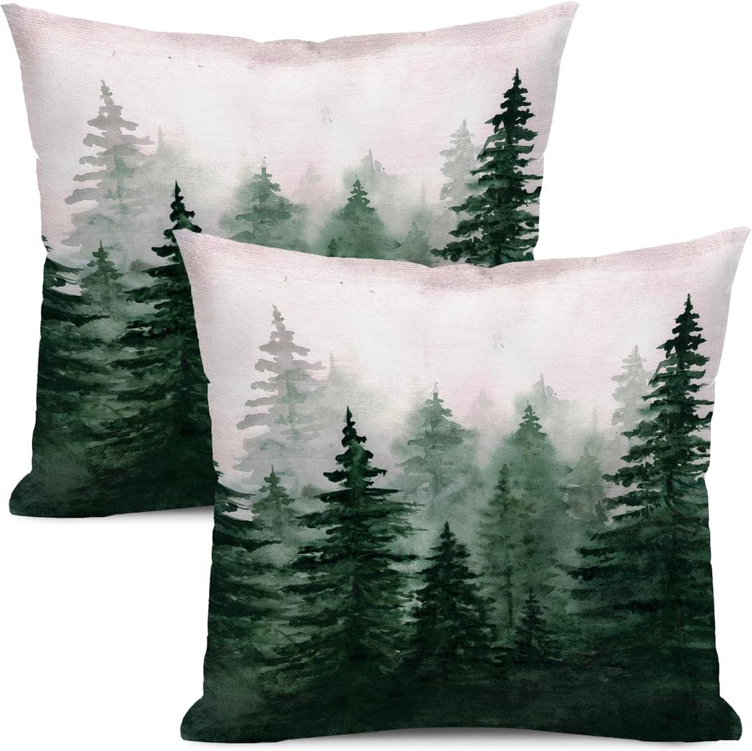 Flysea Sage Green Misty Forest Tree Throw Pillow Cover 18x18 inch Vintage Fir Plant Nature Mountain Scenery Case Outdoor Decorative Square Farmhouse Cushion Pillowcover Home Sofa Bed Couch, Set of 2