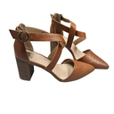 SM New York Brown Faux Leather Block Stacked Heel Ankle Strap Shoes Woven Buckle
 9.5
