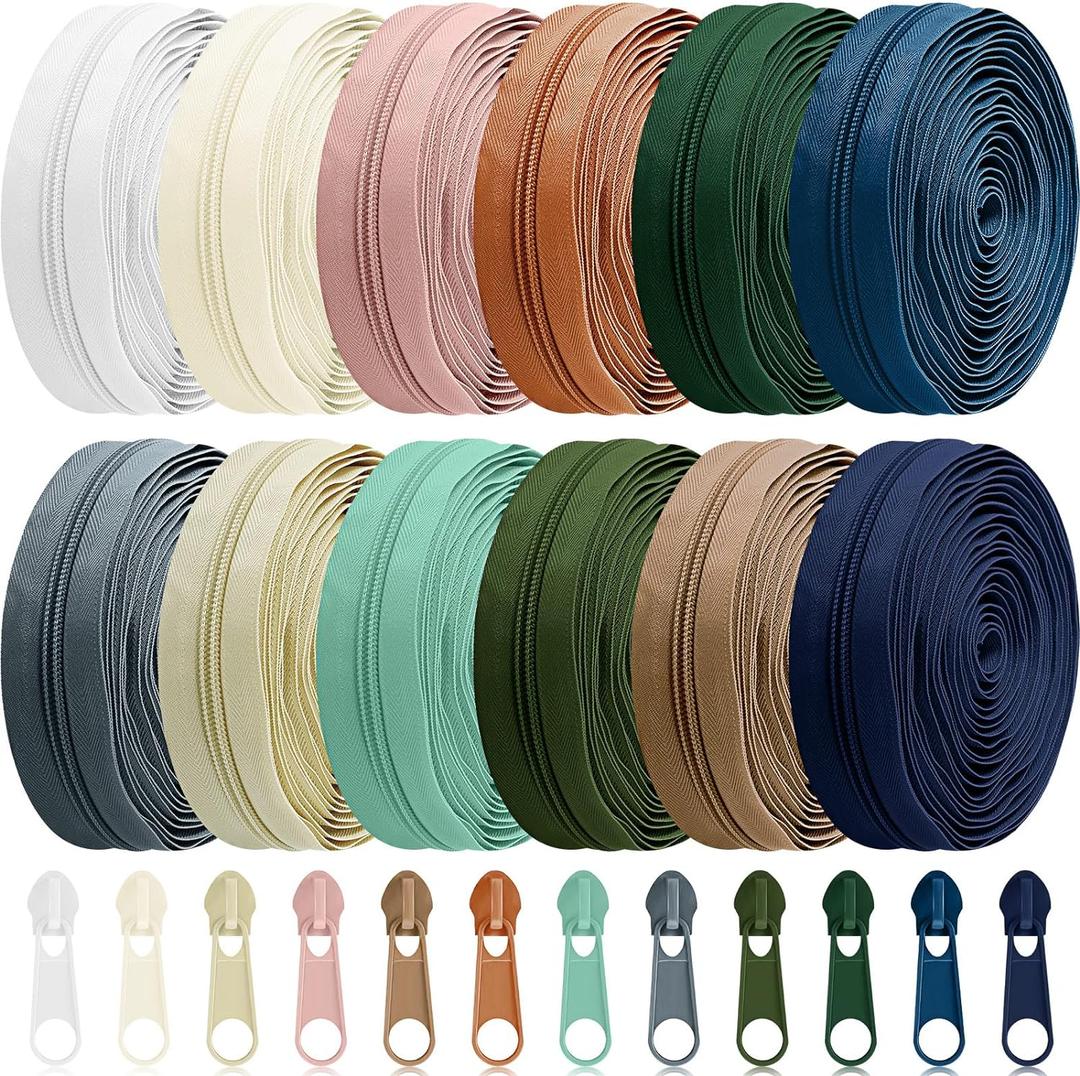 Syhood 12 Pieces 36 Yards #5 Sewing Zippers Tapes by The Yard Nylon Coil Zipper Rolls Bulk with 120 Alloy Sliders for DIY Crafts Bags Repair and Sewing Supplies(Morandi Color)