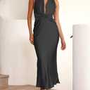 Summer Sexy Satin Backless Halter Maxi Dress for Women Elegant Sleeveless V Neck Twist Wedding Guest Dresses Cocktail (Black, XL)