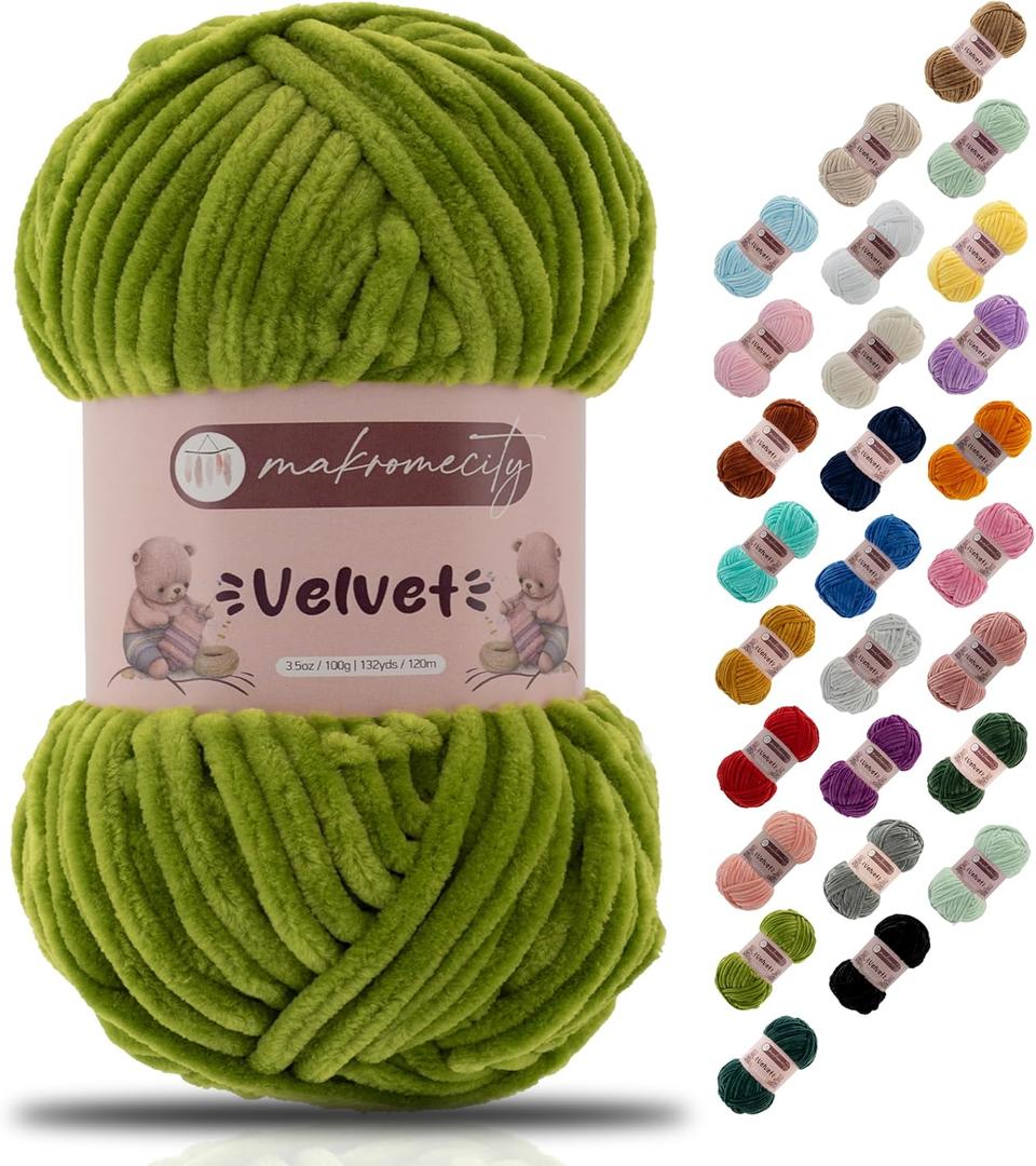 Makromecity Velvet Yarn 100g (3.5oz) / 120m (132yd) 100% Polyester Premium Chenille Yarn, Ultra Soft, Anti-Pilling, Machine Washable 30 Colors for Knitting & Crochet (Grass, 1 Skein)