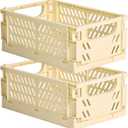 HUUSMOT 2Pack Small Pastel Plastic Storage Baskets, Collapsible Crates for Organizing, SpaceSaving Mini Bins for Classroom, Kitchen, Office, Bedroom (Yellow, 9.8" x 6.5" x 3.8")