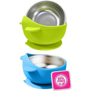 Stainless Steel Baby Bowls with Suction, 2-in-1 Toddler Feeding Set SUS304 Non-Toxic | Unbreakable & Anti-Scald | Super Strong Suction Base | Dishwasher Safe | Perfect Baby Gift - 2Pack 28.9 (Green/Blue)